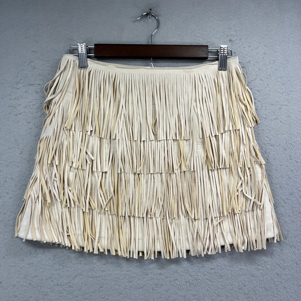 Flawless Fringe Mini Skirt Womens Small Cream Tiered Western Boho Festival Party